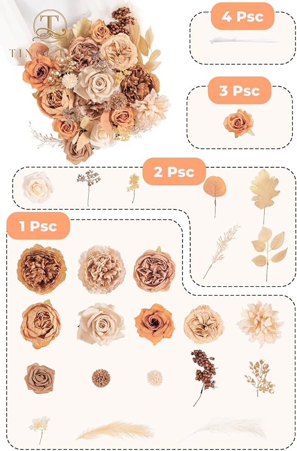 TINGE TIME Silk Fake Flowers Combo, Fake Foam Roses with Stems for DIY Wedding Bouquets Centerpieces Baby Shower Party Home Decorations(Nude Color & Pale Coffee)