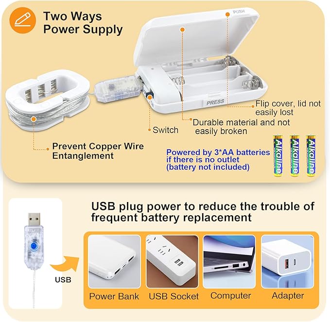 ZGWJ USB Fairy Lights Battery Powered Dual Power with Remote Timer, 1 Pack 50 LED 16FT Twinkle String Lights 8 Modes Waterproof for Bedroom,Halloween,Christmas,Parties Wedding Decoration Warm White