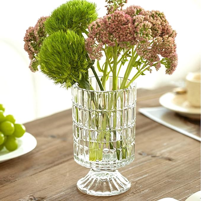 BLOFLO Embossed Glass Vase, 7'' Crystal Glass Vases, Pedestal Big Base Glass Bouquet Vase, Hydroponic Glass Transparent Vase for Home Office Wedding Dining Table Party (Ribbed Pattern)