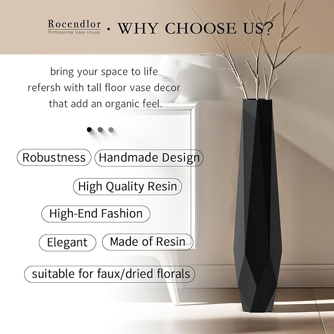 Tall Vases - 27.5" Tall Floor Vase for Home Decor, Resin Floor Vase with Handmade Dimensional Geometric Style, Fits Into Hay/Pampas Grass, Boho Living Room Decor (Black)