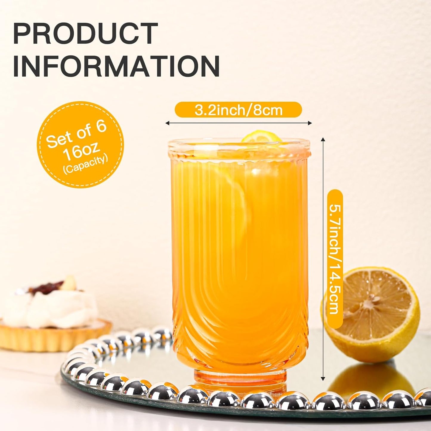 Colored Vintage Glassware Set of 6-17Oz Colorful Water Drinking Glass, Art Deco Ripple Highball Glass, Whiskey Cocktail Glasses, for Bar Beverages Ice Coffee Juice, Housewarming Gifts