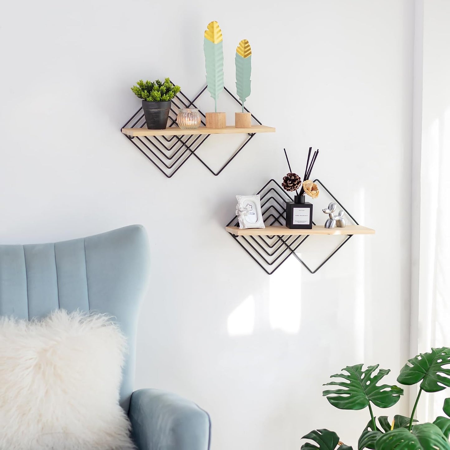 Floating Shelves Modern Geometric - Bedroom Wall Shelf Black Hanging Shelf Wooden Shelves Decorative Wall Mounted Metal Decor Plant Display Set of 2