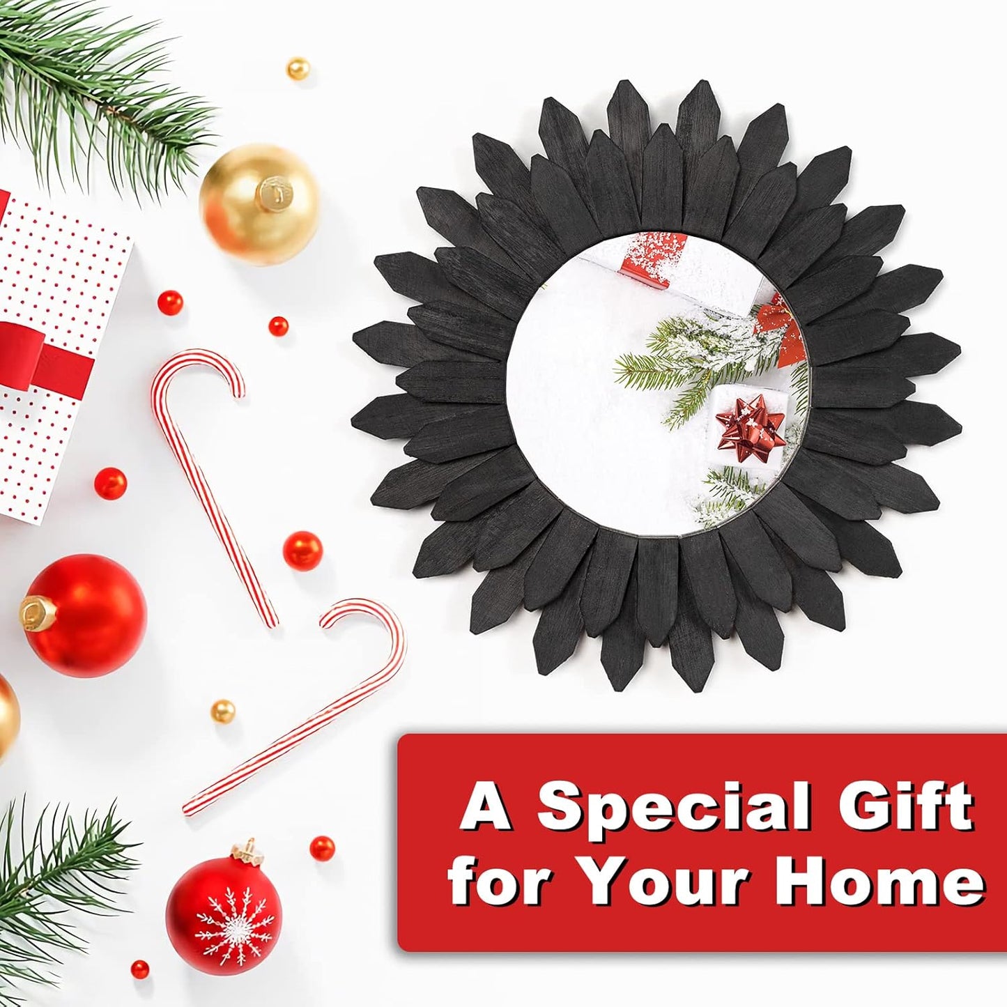 Emfogo Wall Mirror 12 inch Rustic Wood Sunburst Boho Mirror Farmhouse Wall Decor Room Decor Home Decor for Bedroom Living Room Entryway (Vintage Black)