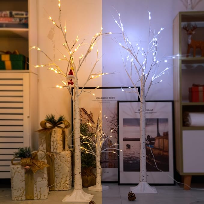 2-Pack 4FT Lighted Birch Tree (Higher Size & Floor Standing), 96 LED Color Changing Birch Christmas Tree Lights for Outdoor Christmas Decorations Indoor (Warm White ⇋ Cool White)