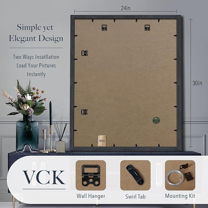 VCK 24x30 Poster Frame Black Oak - 3 Pack, Exclusive Natural Textured Solid Wood Picture Frame, Horizontal and Vertical Formats for Wall with Included Hanging Hardware