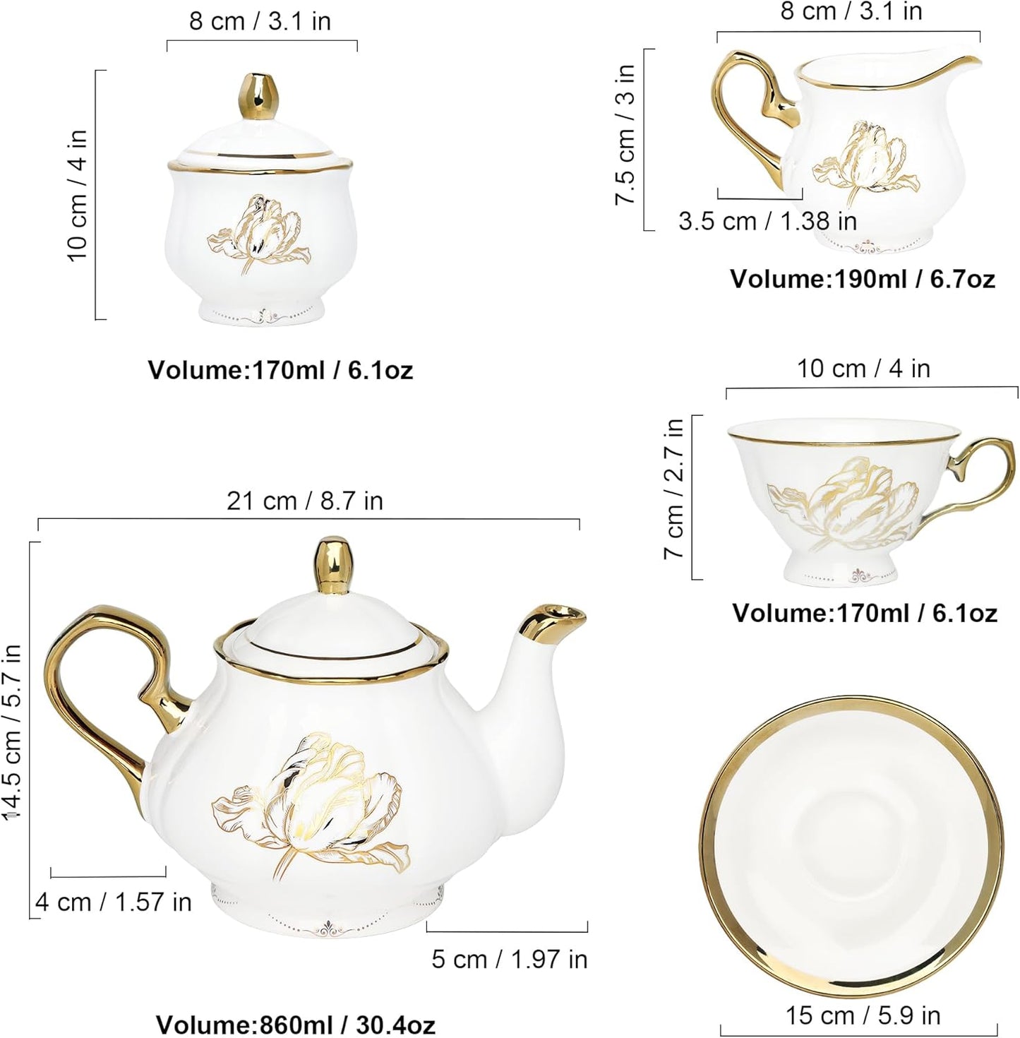 fanquare British Porcelain Tea Coffee Set 22 Piece New Bone China Gold Tulip Tea Service for Afternoon Tea, 6 TeaCup and Saucers with Metal Holder for Home Wedding Birthday