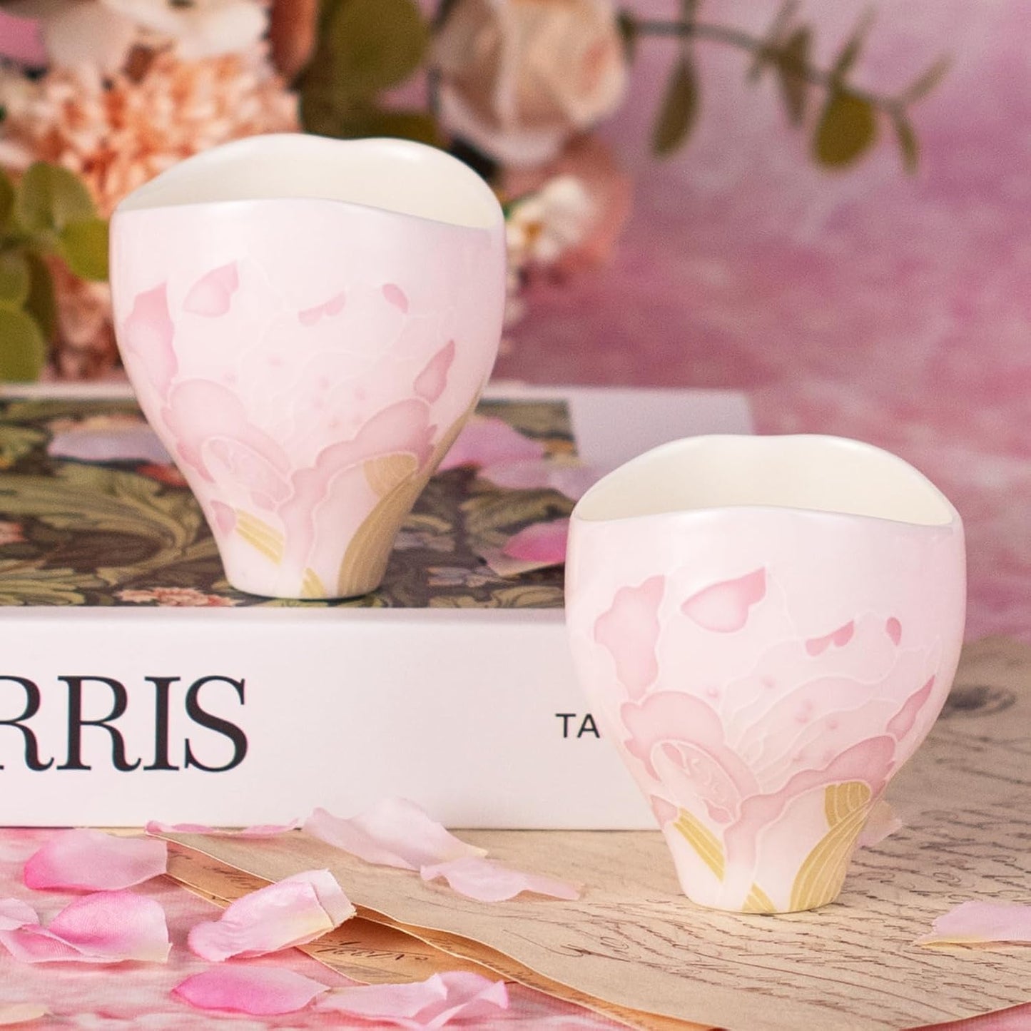 KAMMAK Ceramic Tea Cups Small, Cute Vintage Coffee Cup Set of 2, Porcelain Teacups Espresso Mug, 2.9oz Hand Painted Chinese Afternoon Tea Party Mugs, Birthday Gift for Women Men, Man Yan Arita