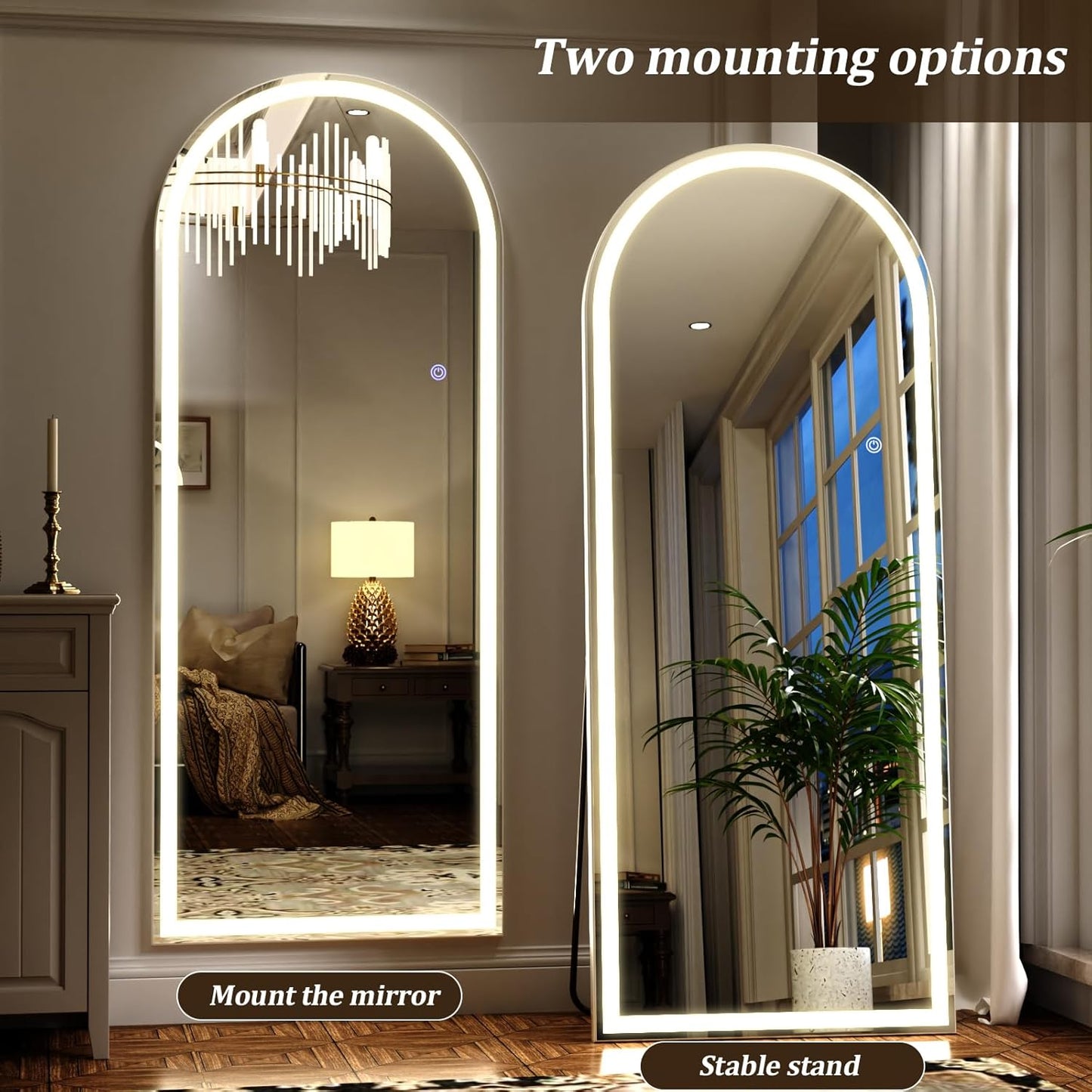 LED Arched Full Length Mirror with Lights 65"x26" - Lighted Floor Mirror with Dimming & 3 Color Lighting, Aluminum Frame Standing Leaning or Hanging for Bedroom Cloakroom White