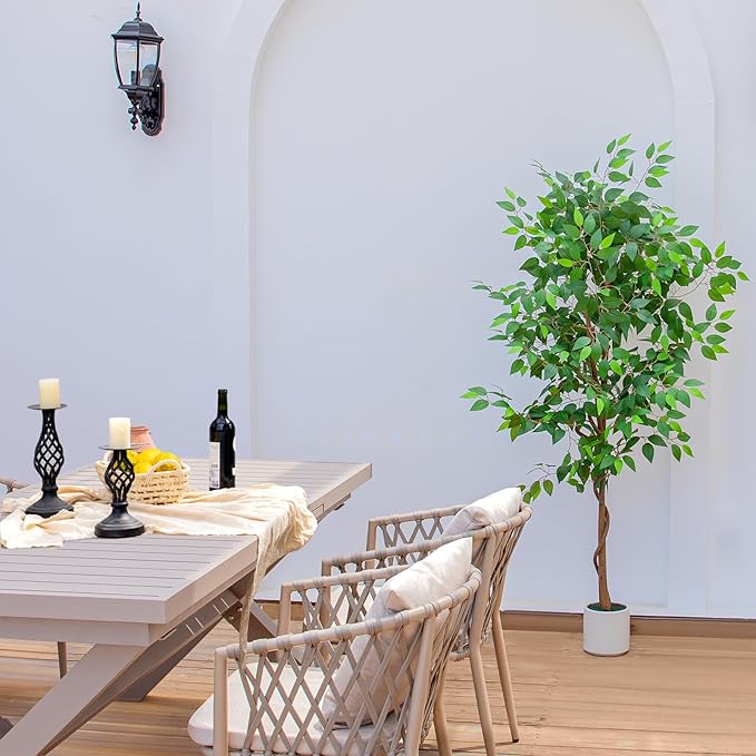 5FT Artificial Ficus Tree with White Planter, Realistic Faux Silk Indoor Outdoor Plant for Home Office Living Room, Porch, Garden Decor