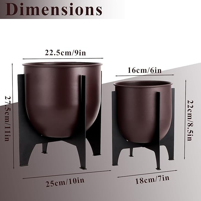 TRIROCKS Set of 2 Planters with Stand Indoor Outdoor Metal Plant Stand 11 &8.5" H Modern Planters Flower Pots for Living Room Corner Kitchen Office Garden Balcony Patio Decor (Brown)