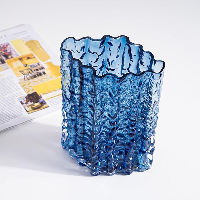 Glass Vase for Centerpieces, Diamond Shaped Vase for Flower, Modern Glacier Glass Vase for Home, Office Restaurant Desk Decor 8.3 Inch(Blue)