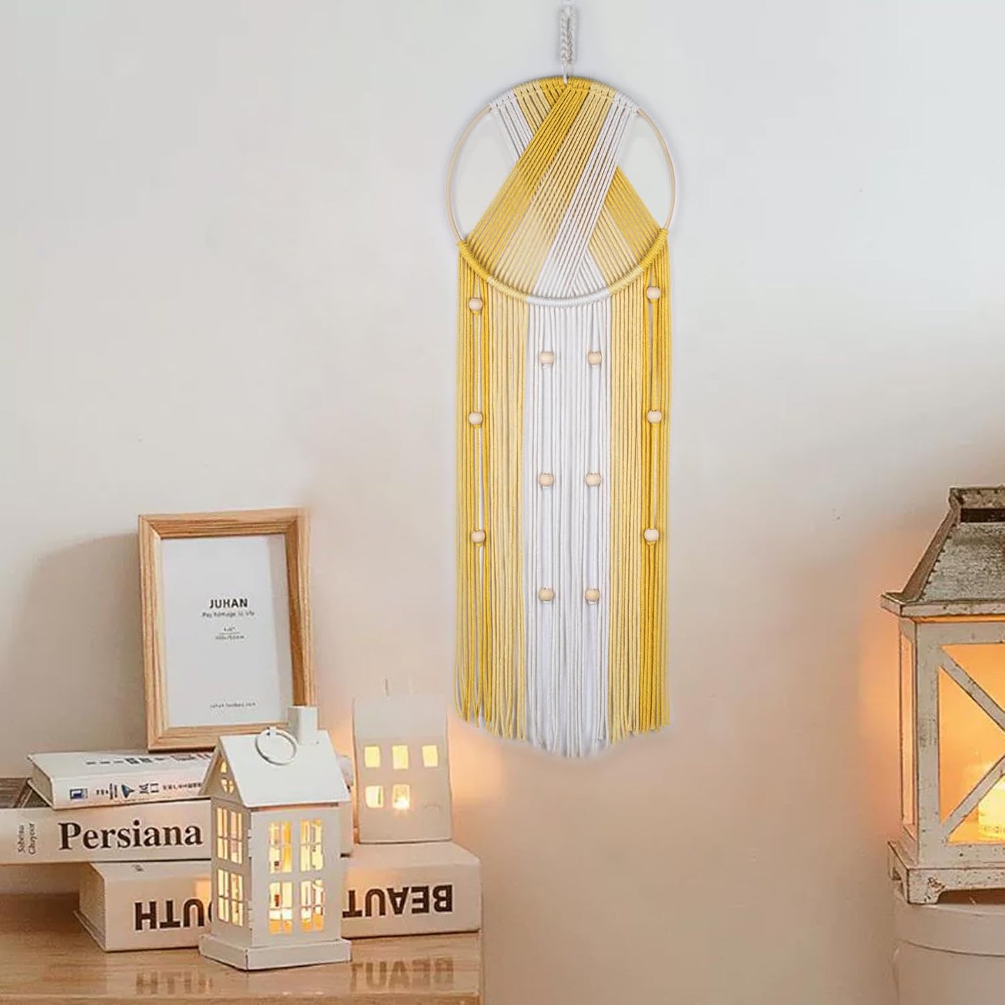 LB Boho Yellow Macrame Wall Hanging Handmade Woven Cotton Tapestry with Wood Board Modern Yellow and Beige Aesthetic Wall Decor for Home, Bedroom, Living Room