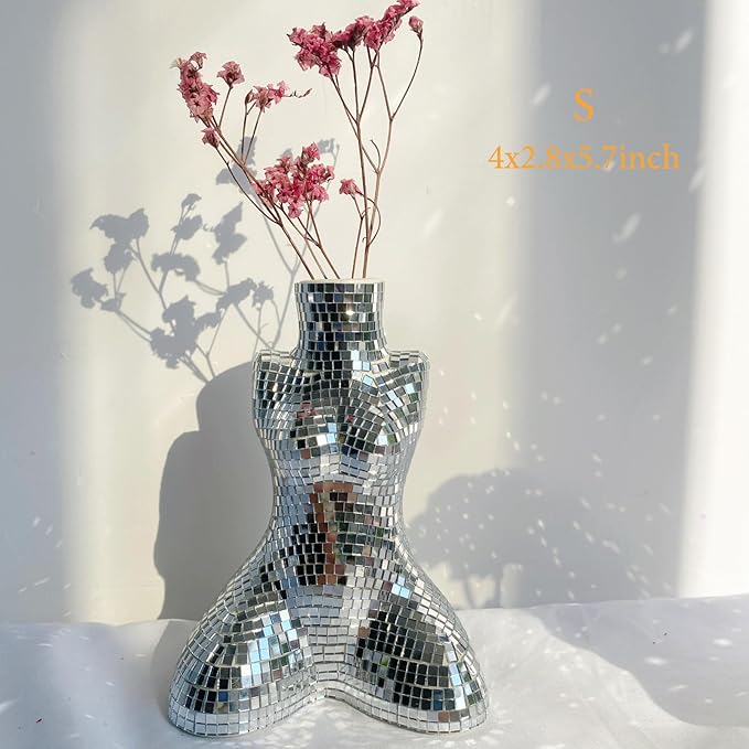 Modern Chic Vase, Handmade Ceramic Disco Flower Vase for Office Bedroom Living Room, Modern Bohemian Home Decoration,Silver,4x2.8x5.7inches