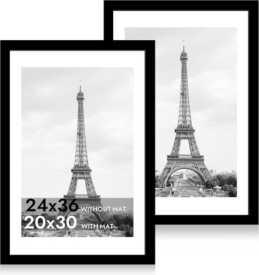 iRahmen 24x36 Poster Frame Set of 2 with Plexiglass, Black Picture Frame Display 20x30 Pictures with Mat or 24 x 36 Without Mat, Wood Photo Frame for Horizontal or Vertical Wall Mounting