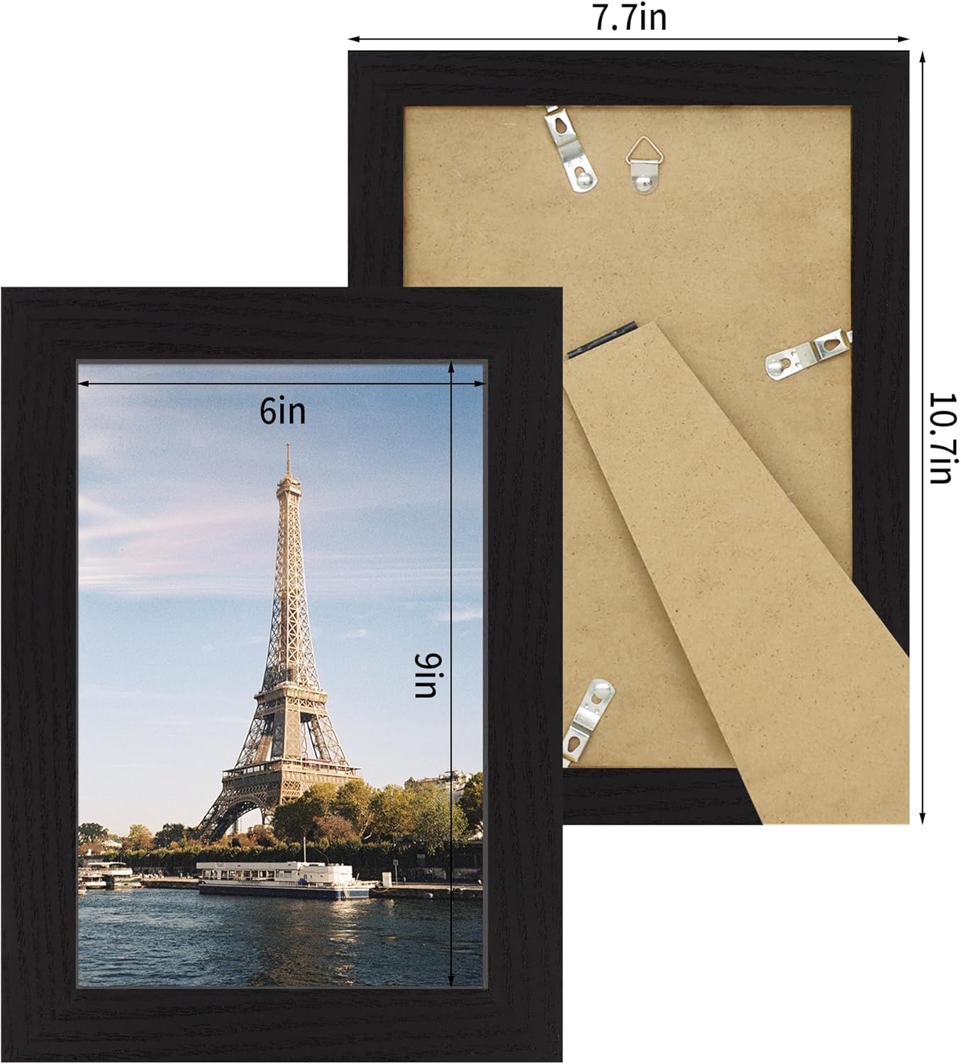 iRahmen 6x9 Picture Frame Set of 4, Black Frame with High Definition Glass, Wood Rustic 6 x 9 Photo Frames for Horizontal or Vertical Table Top and Wall Mounting