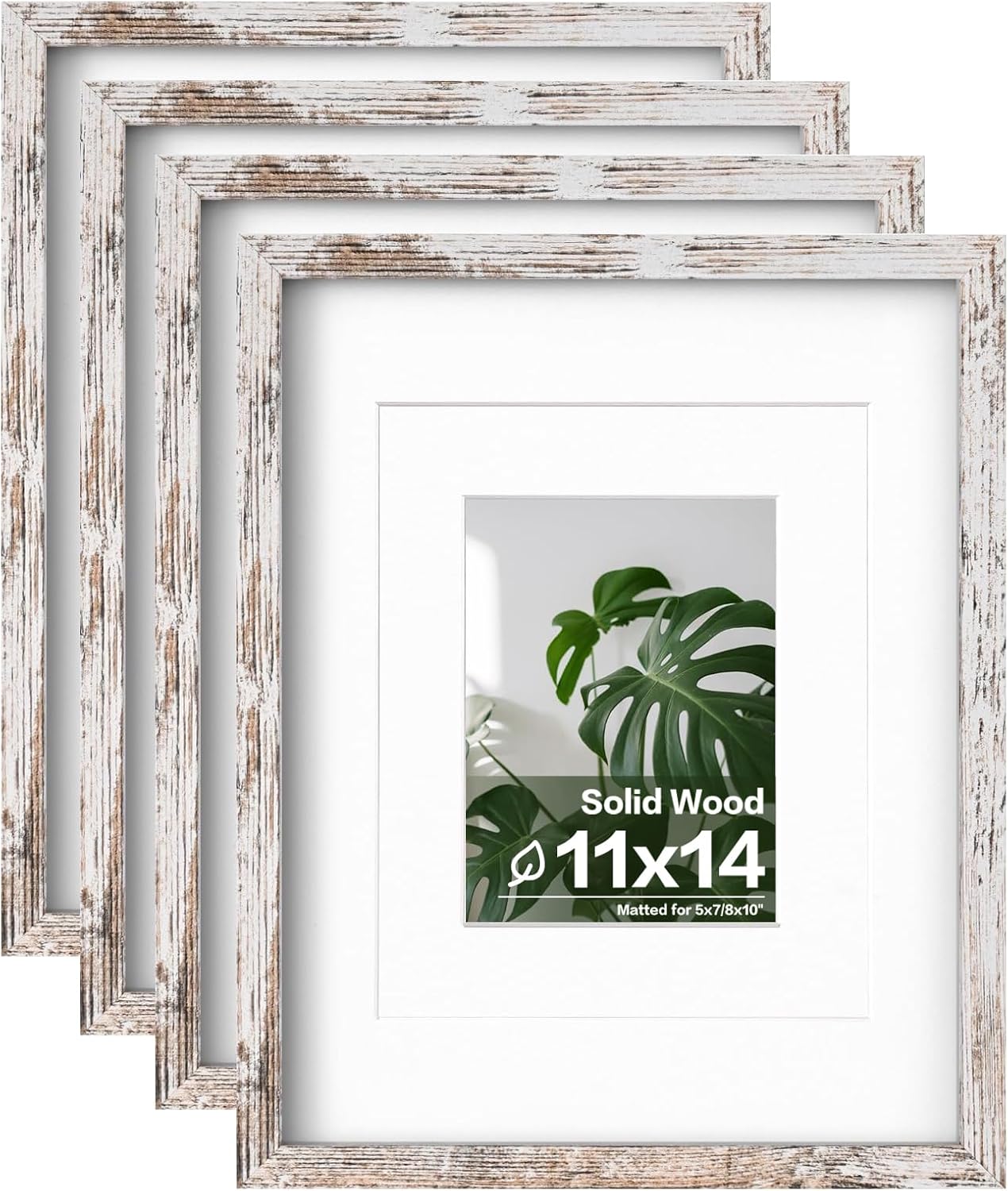 Egofine 11x14 Picture Frame Rustic White 4 Pack - Photo Frame Made of Solid Wood Covered by Plexiglass for Table Top Display Pictures 5x7/8x10 with Mat or 11x14 Without Mat - with Wall Mounting