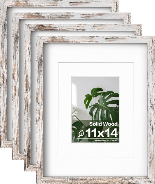 Egofine 11x14 Picture Frame Rustic White 4 Pack - Photo Frame Made of Solid Wood Covered by Plexiglass for Table Top Display Pictures 5x7/8x10 with Mat or 11x14 Without Mat - with Wall Mounting