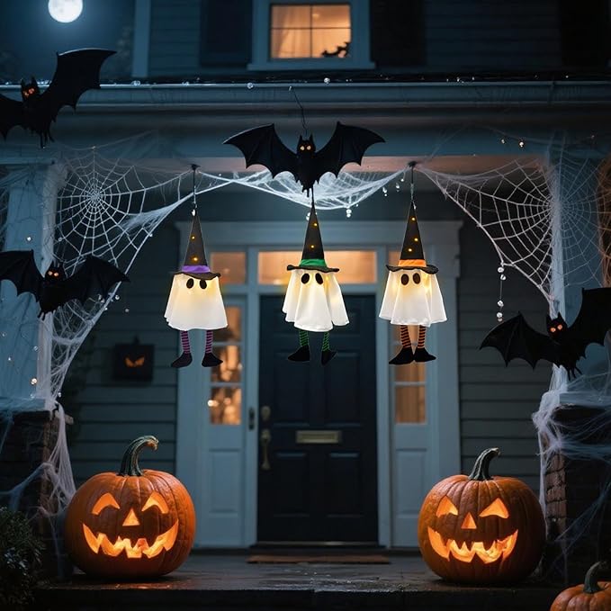 3 Pack Halloween Hanging Ghost Lights with Glitter Hats, Battery Powered Halloween Decorations Outdoor Indoor, LED Floating Ghost Decor for Porch, Tree, Yard & Window, Indoor Outdoor Decoration