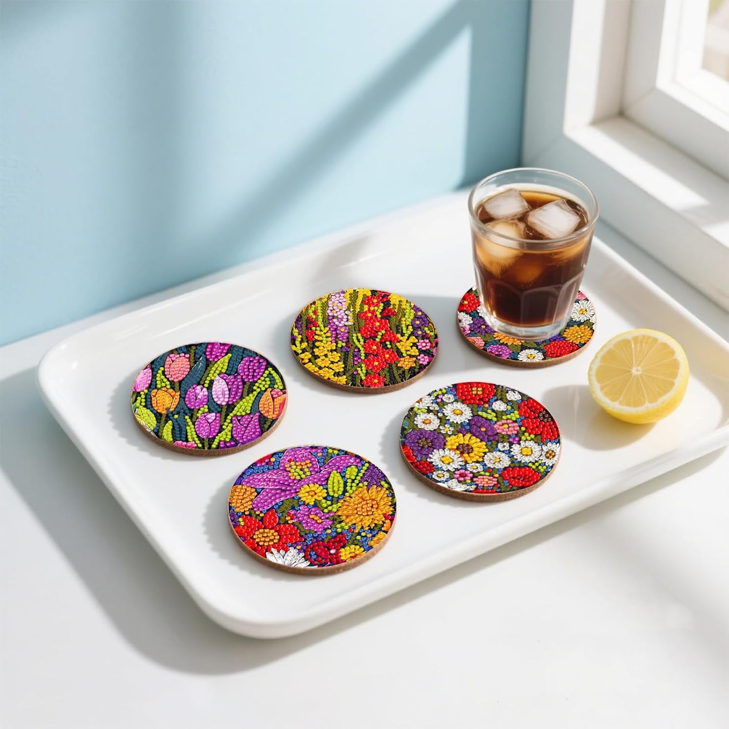 DOZEEZOP 8 PCS Flowers Diamond Art Coasters Kit, 5D Diamond Painting Coasters with Holder, Fall Small Diamond Art Kits for Adults Beginners, Diamond Dots Arts and Crafts Supplies