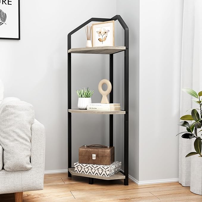 Fun Memories 3 Tier Corner Shelf, 40” Corner Shelf Stand, Corner Bookshelf Plant Stand, Storage Shelf for Bathroom, Living Room, Kitchen,Grey Home Office, Grey