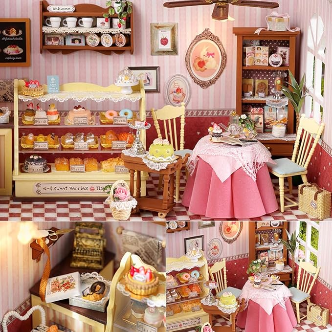 TuKIIE DIY Miniature Dollhouse Kit with Furniture, 1:24 Scale Creative Room Opened & Closed Wooden Doll House Plus Dust Proof & Music Movement for Kids Teens Adults(Sweet Berries Time)
