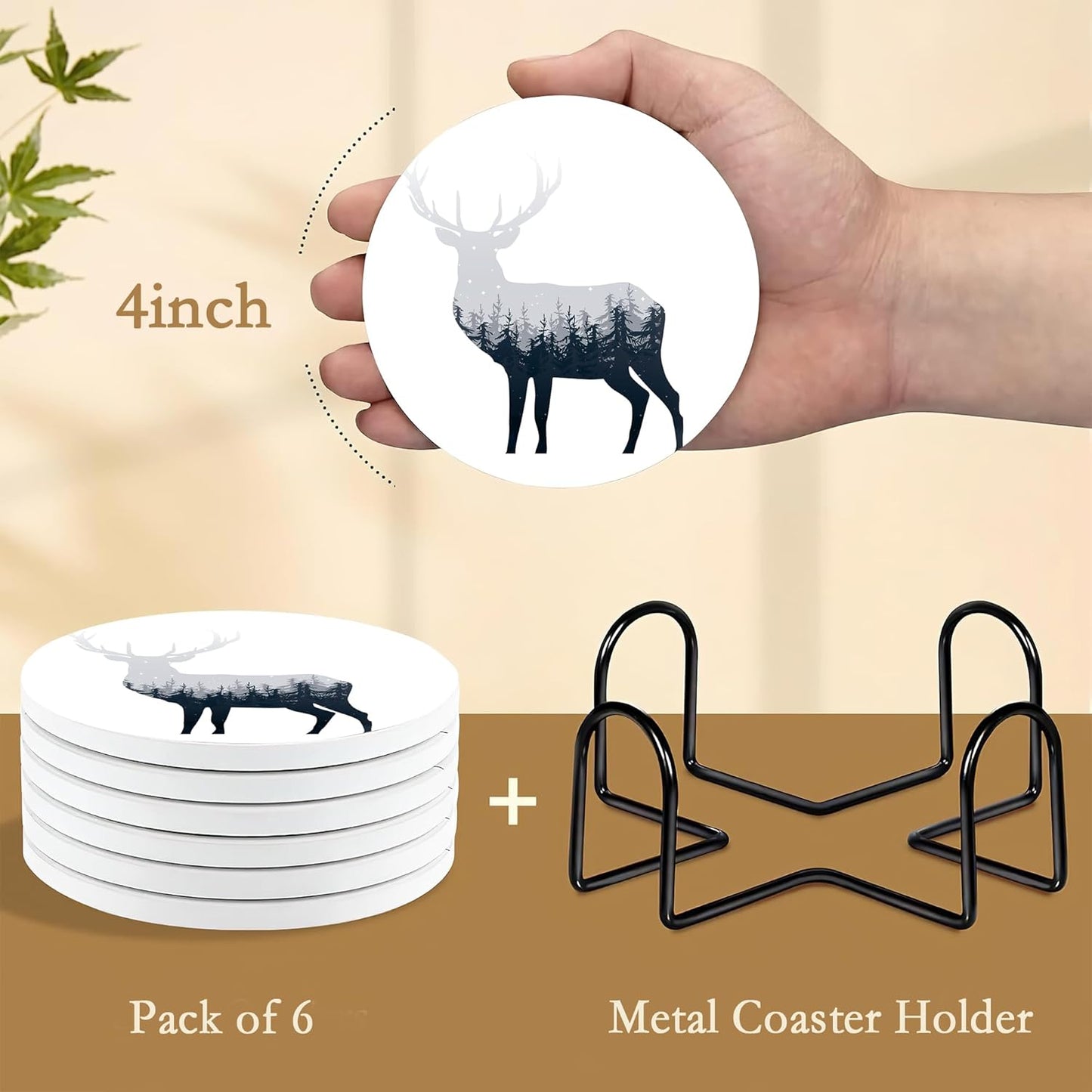 Drink Coasters with Holder,6 Pcs Deer Misty Forest Absorbent Ceramic Coasters with Cork Base,Cute Funny Table Drinks Coasters,Table Home Decor,4 Inches