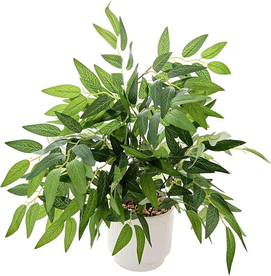 17.7" Fake Willow Plant in White Textured Ceramic Planter Tall Artificial Greenery Faux Plant with Lifelike Leaves Elegant Indoor Plant Decor for Living Room, Office, or Bathroom