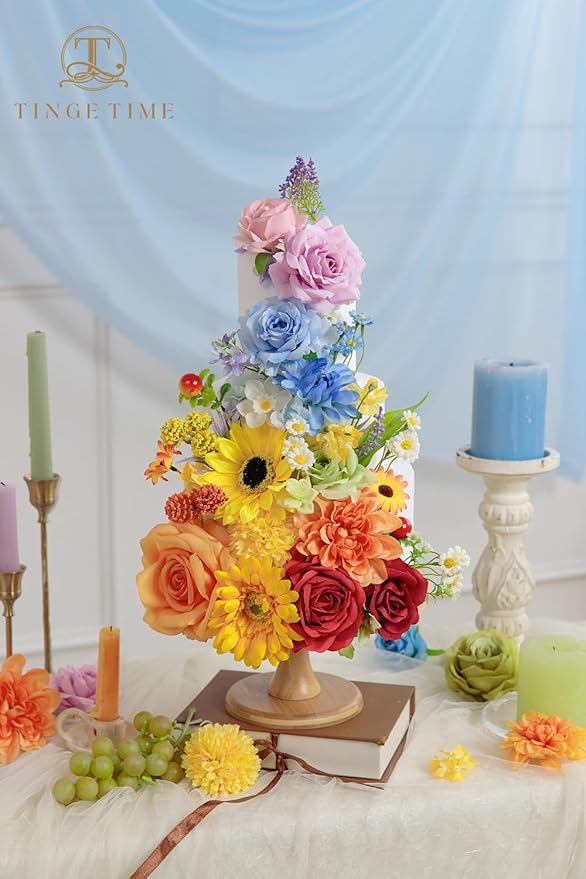TINGE TIME Fake Flowers Artificial Flowers Peonies Bulbous Chrysanthemum Daisy Hydrangea Sunflower Violets Dahlia Daffodils Epiphyllum Orchid Cherry Blossom Camellia Leyaron (Rainbow Colorful)