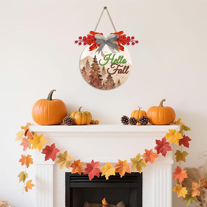 3D Hello Fall Door Sign,Fall Wreath for Front Door,Welcome Autumn Porch Sign,Thanksgiving Day Harvest Wall Decoration,Autumn Forest Maple Leaves Wood Decor for Home Farmhouse Yard Outdoor