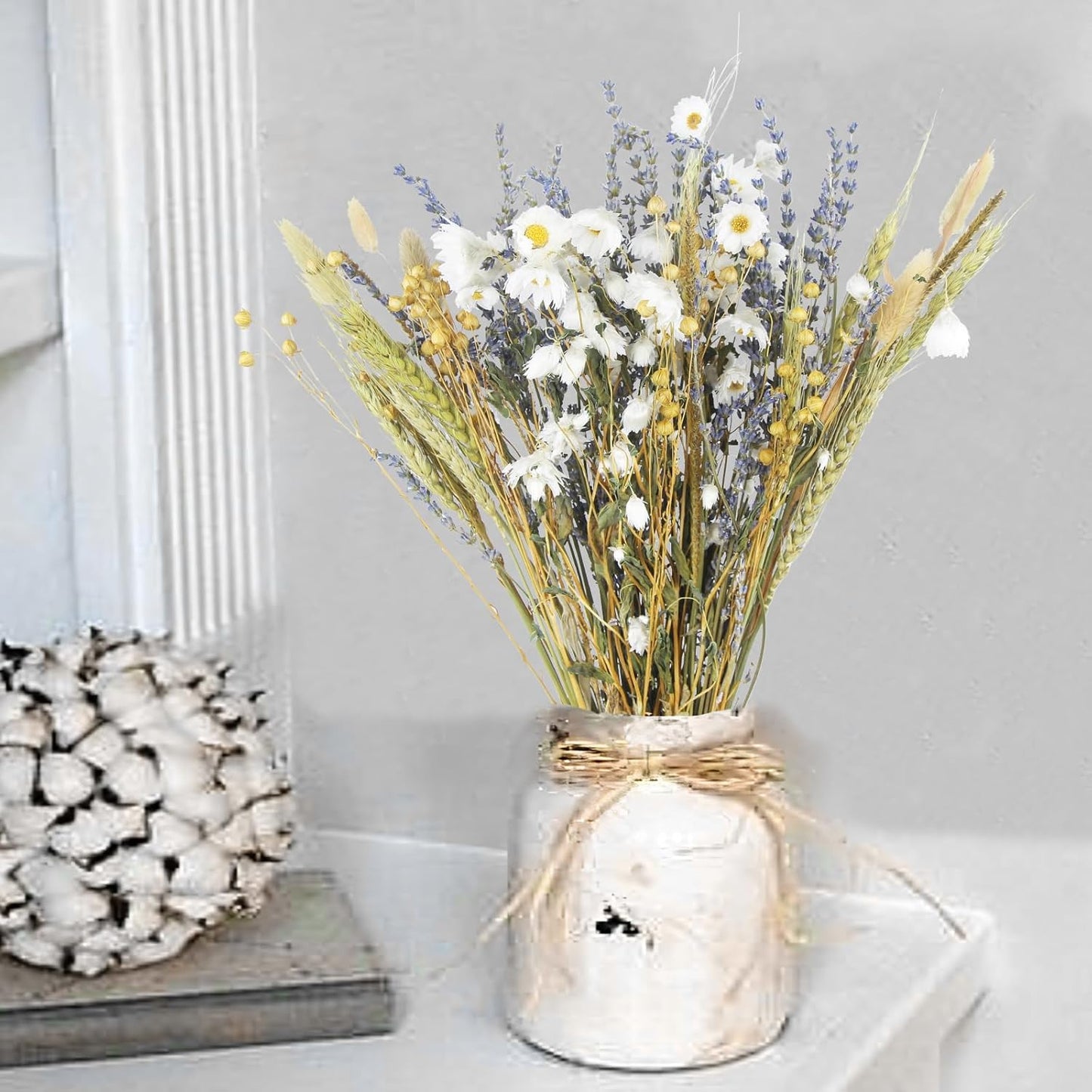 CISDUEO Dried Flowers Bouquet Dried Daisy Flowers Natural Lavender Bundles Dried Gerber Daisies Flowers Bunny Tails Wheat Stalks Floral Arrangements for Wedding Table Centerpiece Decor Farmhouse DIY