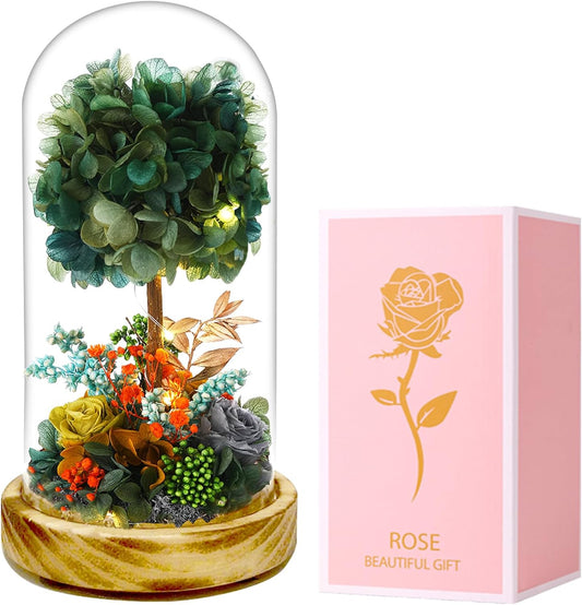 LED Illuminated Glass Dome Floral Arrangement, Decorative Light with White Hydrangea and Rose, Battery Operated(Dark Green)