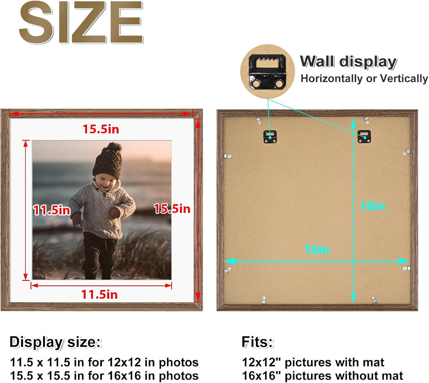 KINLINK 16x16 Picture Frame, Brown Square Solid Wood Frames for Pictures 12x12 with Mat or 16x16 without Mat, Wall Display Photo Frames Brown Wood 4 Pack