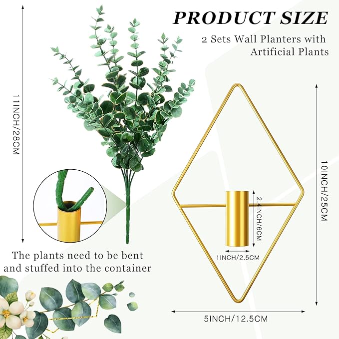 2 Pieces Gold Wall Decor Hanging Planters with Artificial Plants Metal Vase Indoor Plants Holder Modern Geometric Wall Art for Home Bathroom Bedroom Living Room Office(Eucalyptus,Medium)