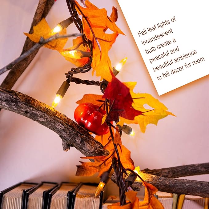 Thanksgiving Decorations Maple Leaf String Lights Plug in 120V, Fall Leaves Garland With Lights, 35 Bulbs Lighted for Halloween Outdoor Thanksgiving Decor