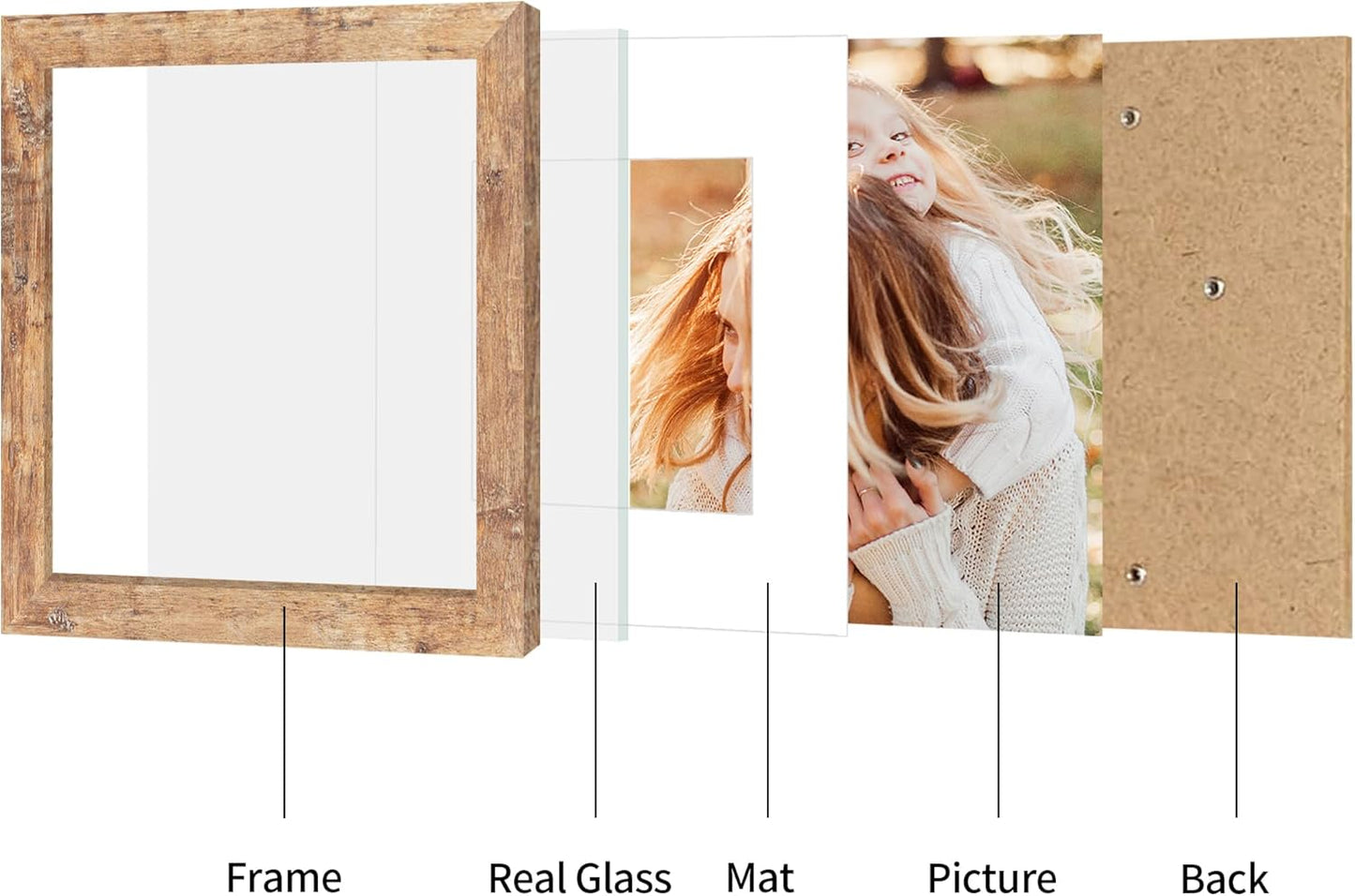 iRahmen 10x10 Picture Frame Set of 4 with Real Glass, Rustic Brown Frames Display 8x8 Picture with Mat or 10 x 10 Without Mat, Wooden Square Photo Frame for Wall Mount and Tabletop Display