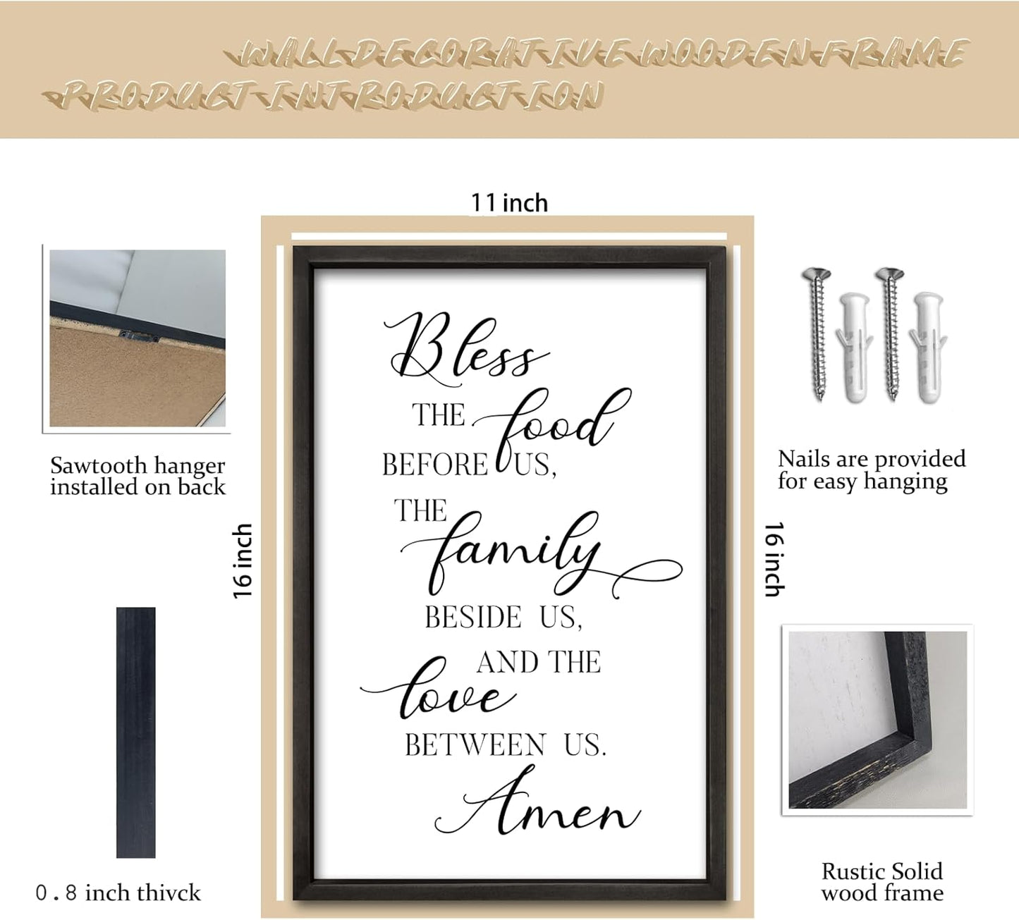 comurdyo Kitchen Wall Decor Bless the Food Before Us Prayer Farmhouse Christian Sign 16"×11" Framed Wood for Small Modern Religious Holy Dining Room Kitchen Plaque Wall Art Hanging (Black)