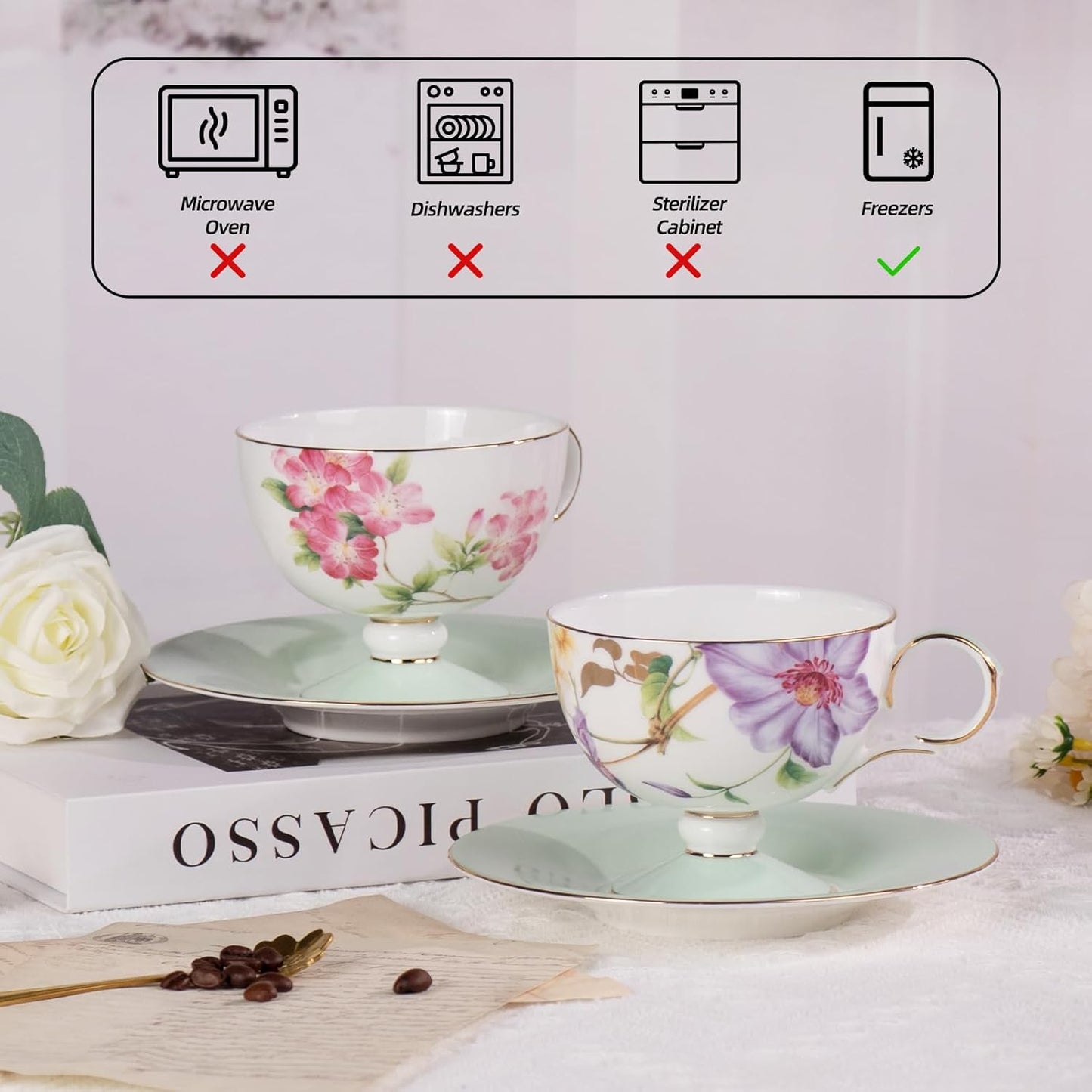 KAMMAK Ceramic Coffee Cups Saucers Set of 2, Porcelain Espresso Cups with Saucers, 7.44 oz Handcrafted Elegant Bone China Tea Cups, Passionflower & Crabapple Blossom Teacup for Party, Women Gift