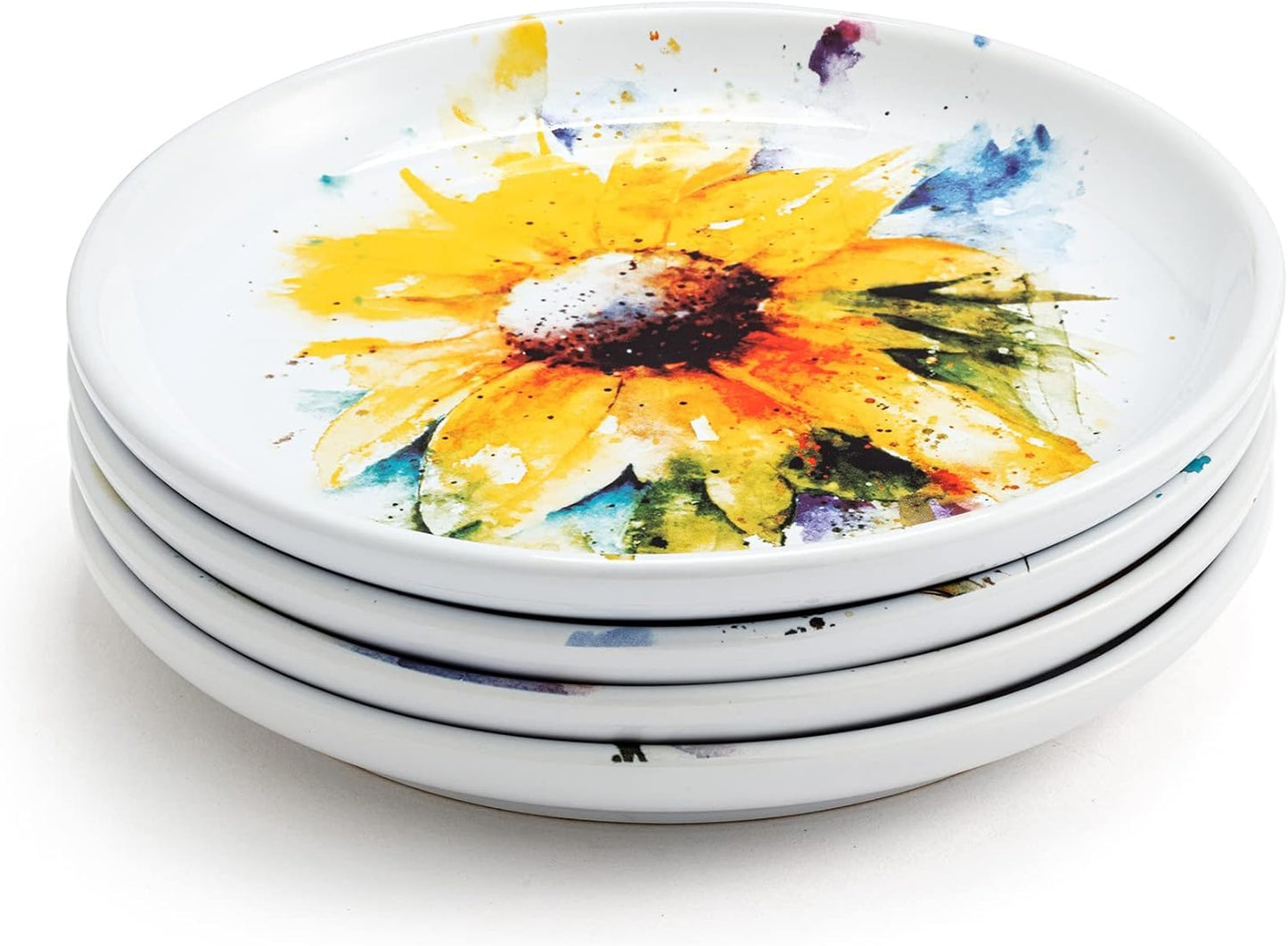 DEMDACO Watercolor Yellow Sunflowers 6.5 inch Stoneware Appetizer Plates Set of 4