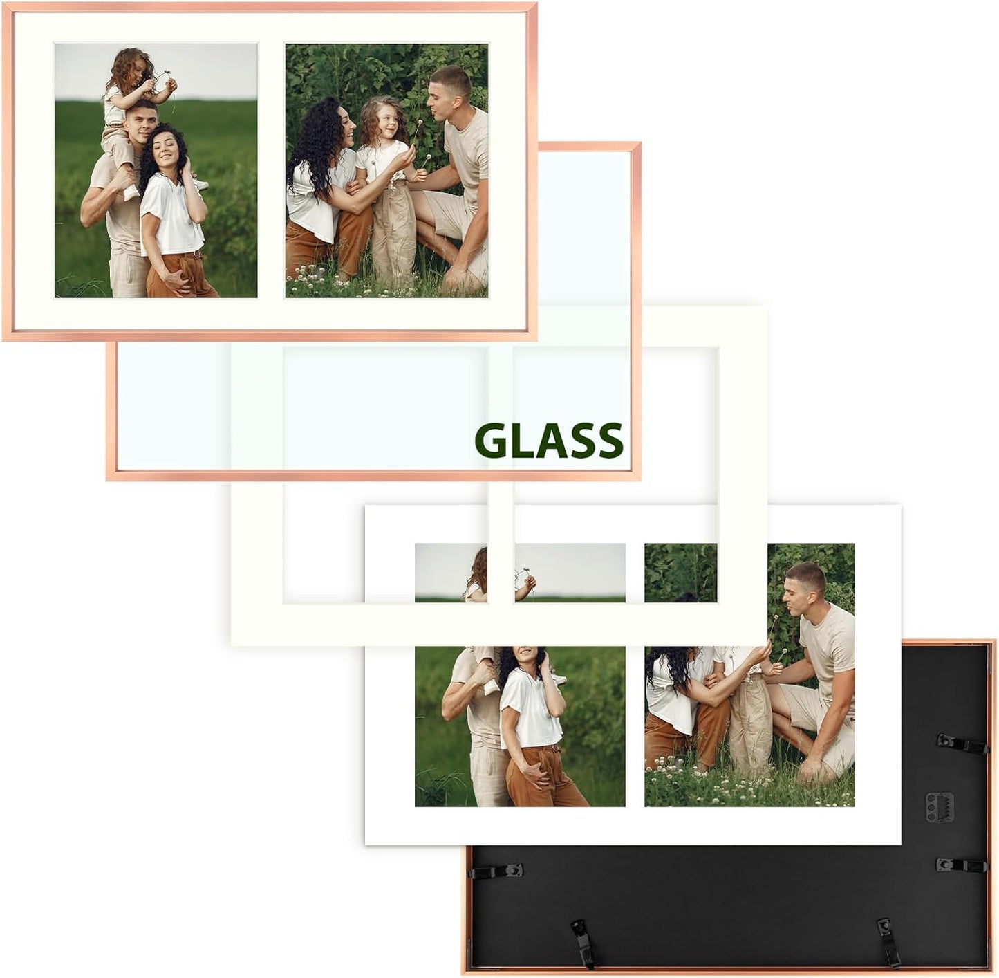 Frametory - 12x19 Aluminum Collage Picture Frame - Display 8x10 Pictures with 2 Openings Mat - Real Glass Front - Horizontal/Vertical Wall Mount - Rose Gold 1 Pack