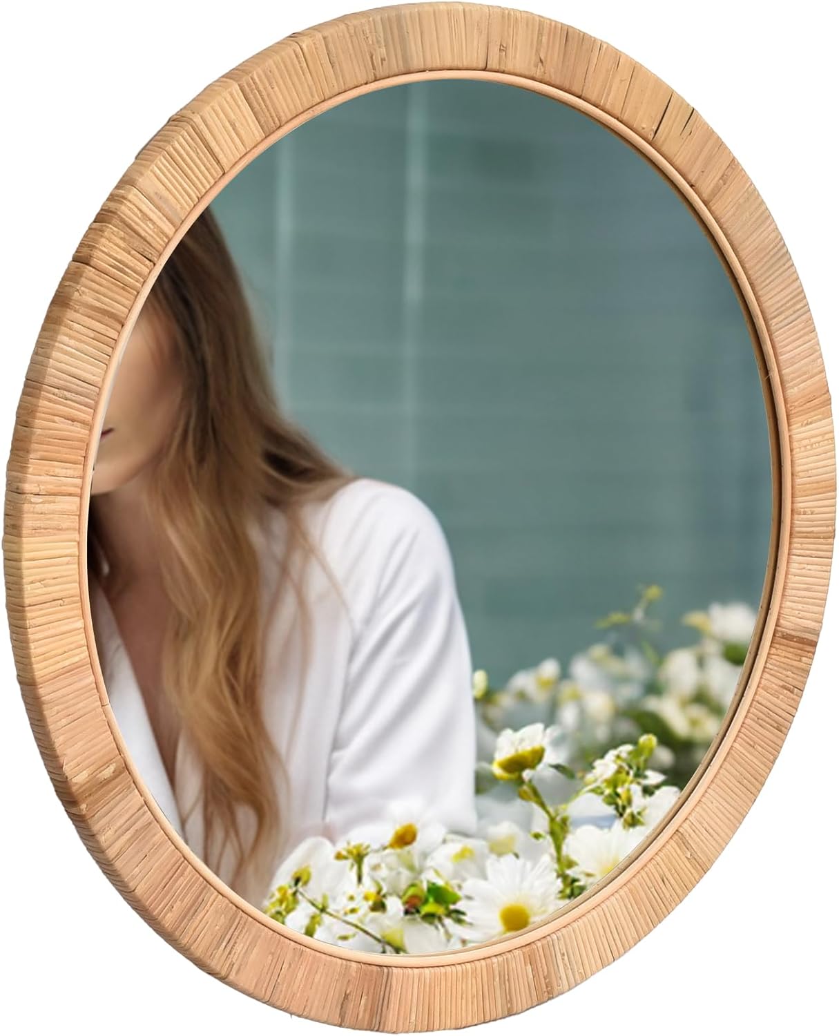 FUIN 25" Boho Chic Round Rattan Mirror - Handmade Wicker Frame - Perfect for Rustic Farmhouse Décor