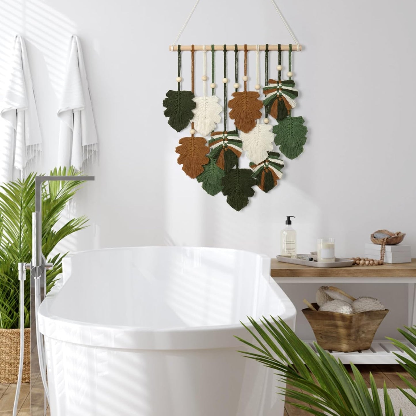 KHOYIME Macrame Wall Hanging Boho Home Decor, Bohemian Leaves Woven Yarn Tapestry Chic Aesthetic Wall Art Modern Handmade Leaf Hanging Decoration for Bedroom Living Room Nursery Office 15.7''W x 20''L