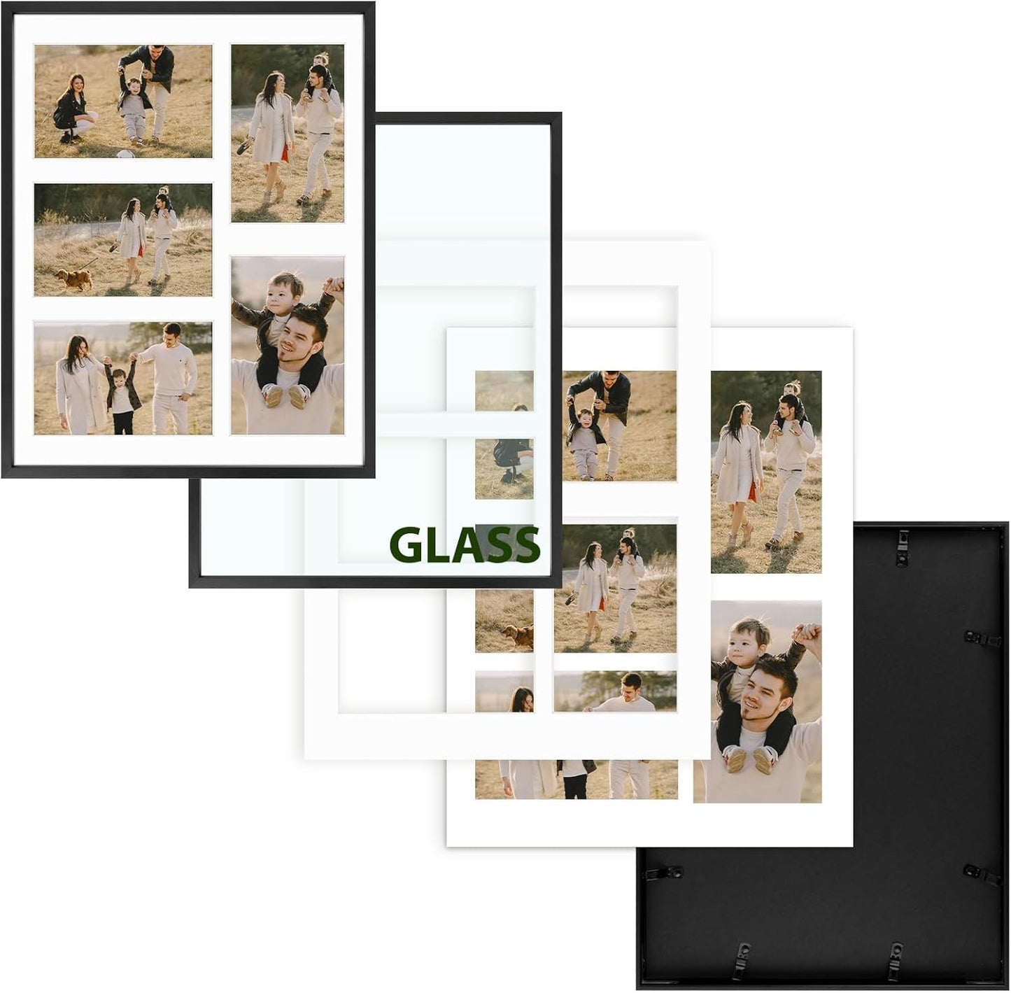 Frametory - 11x14 Aluminum Collage Picture Frame - Display 4x6 Pictures with 5 Openings Mat - Real Glass Front - Horizontal/Vertical Wall Mount - Black 1 Pack