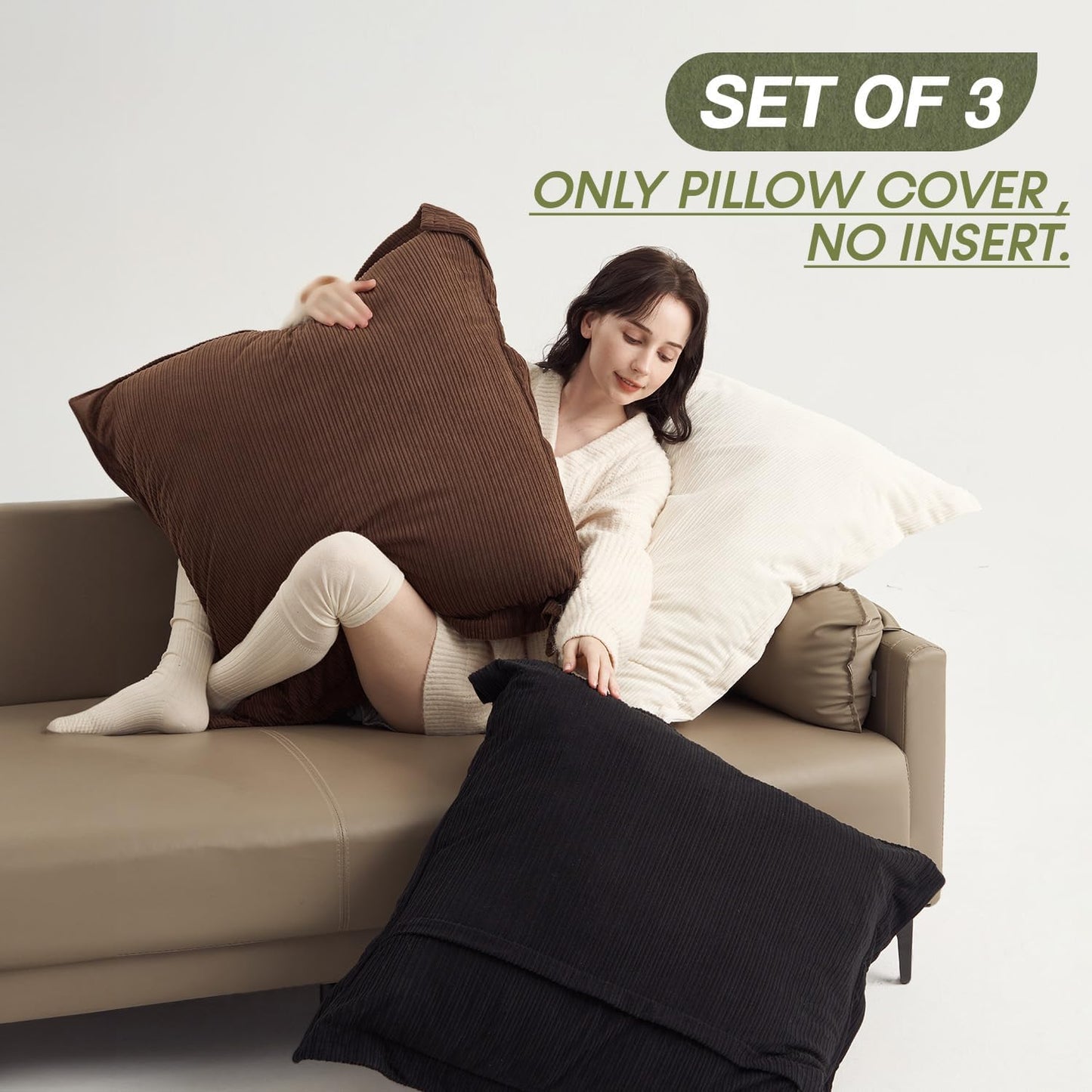 Corduroy Large Pillow Covers 28x28inch Set of 3, Decorative Super Soft-Touch Boho Vintage Cushion Cases for Couch, Sofa, Living Room, Bedroom, Office, Home Decor (Dark Brown, Black & White)