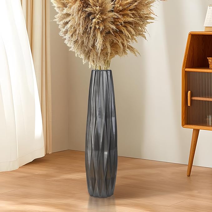 Silvery Ceramic Tall Floor Vase,24 Inch Large Modern Flower Vases for Home Décor,Wicker Big Floor Vase Decorations for Farmhouse, Living Room,Bedroom,Standing Plastic Vase Decorative Tall