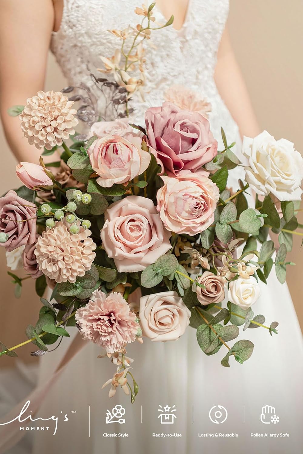 Ling's Moment Dusty Rose Wedding Bouquets for Bride, Pink Bridal Bouquets for Bride, 13 Inch Free Form Artificial Wedding Flower Bouquet