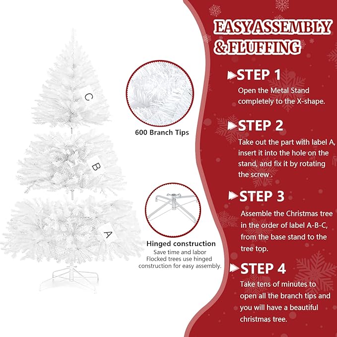 ULICO 5ft Artificial White Christmas Tree,Premium Spruce Xmas Tree with 600 Branch Tips, Fake Christmas Tree with Foldable Metal Base Stand,Home, Office,Party Decoration