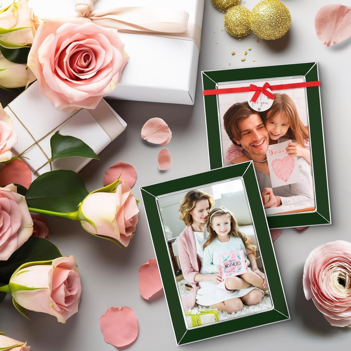 Frametory Enamel Picture Frame - 4x6 Silver Metal Edge Green Enamel Picture Frame With Easel and Velvet Back for Tabletop Display, Bookshelf, 4x6 Wall Decoration, Photo Frames, Picture Display-2 Set