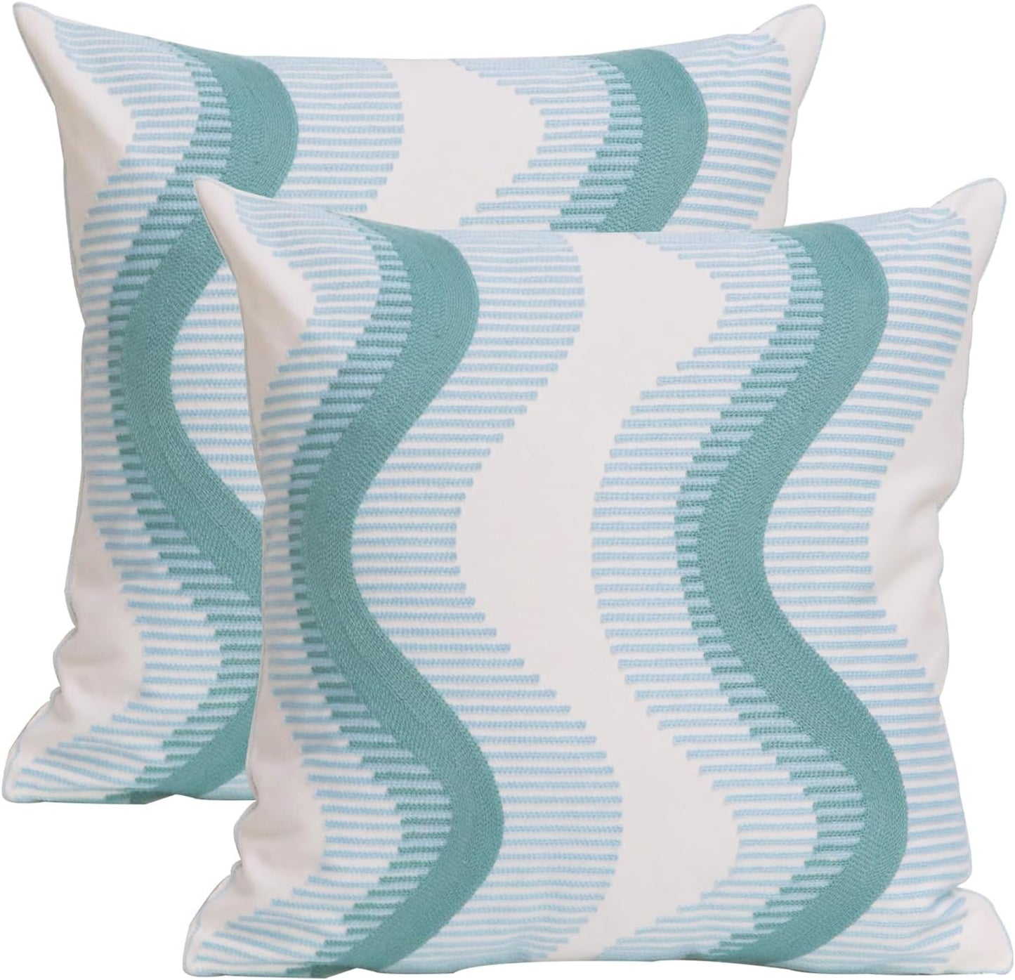 1 PCS Embroidered Throw Pillow Cover Cotton Decorative Square Cushion Cases for Home Sofa Bed and Chair 18 x 18 Inch (Blue Wave-2)