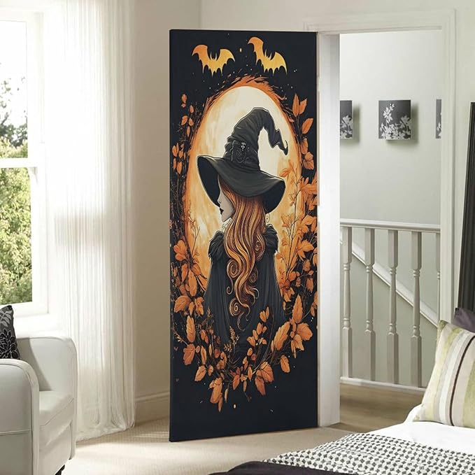 senya Halloween Door Cover Autumn Witch Halloween Banner Decoration 79 * 35 inch for Front Doors Wall Party Decor