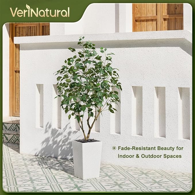 5FT Artificial Ficus Tree with White Taper Planter & Pebbles– Tall Faux Trees with UV Resistant Silk Leaves for Indoor Outdoor - Potted Fake Floor Plants for Home Office Room Decor, VN128